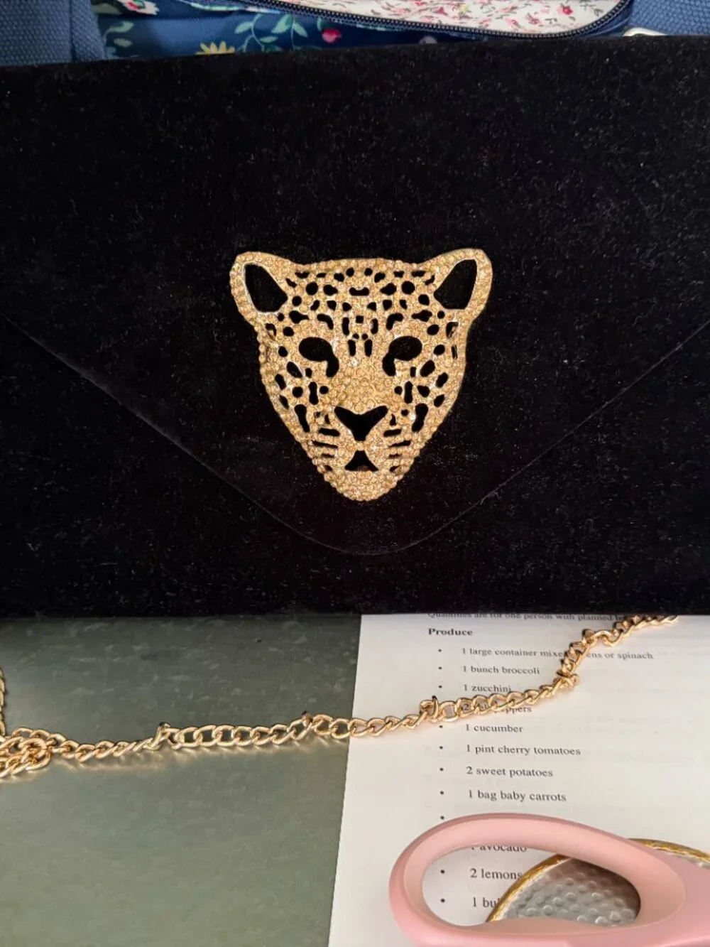NWT! JNB Black Velvet Clutch w/Gold tone Leopard piece Medallion.